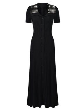 LA DIOSA Black Pearl Studded Sailor Collar Ribbed Knit Maxi Dress M